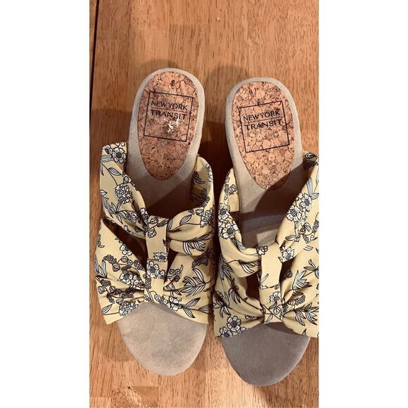 New York Transit Black Yellow FLoral COrk Wedges SHoes  Sandals Size 8.5 - Picture 2 of 12